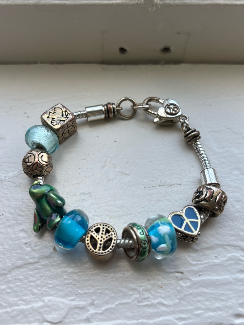 Silver Tone Teal Glass Bead Peace Charm Bracelet peace Heart Clasp